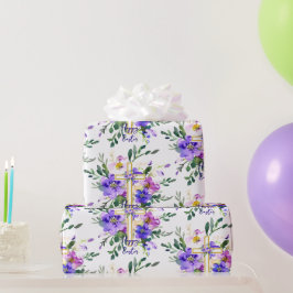 Papel De Regalo Pascua personalizado de cruz floral rosa y morado