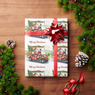 Papel De Regalo Paseo de Papá Noel en carrito de golf rojo junto a