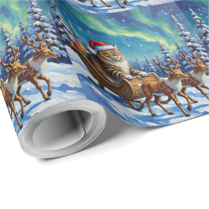 Papel De Regalo Paseo en Trineo de Navidad de Gato Siberiano Taiga