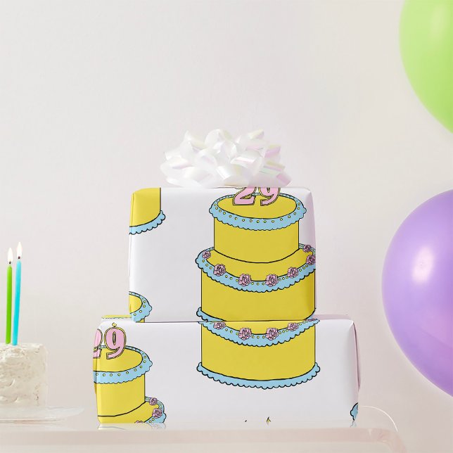 Papel De Regalo Pastel amarillo de cumpleaños 29 con rosas rosadas (Subido por el creador)