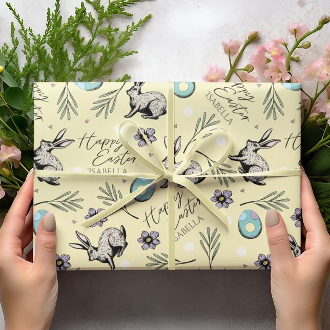 Papel De Regalo Pastel Amarillo feliz conejitos de Pascua (Cute Yellow Happy Easter Wrapping Paper for Kids. Custom Name, Easter Bunnies, Eggs, Flowers...)