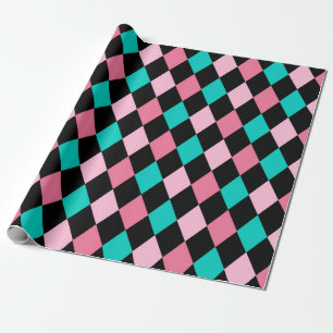Papel De Regalo Pastel Arcoíris Rombos Negro Rosa Azul Arlequín