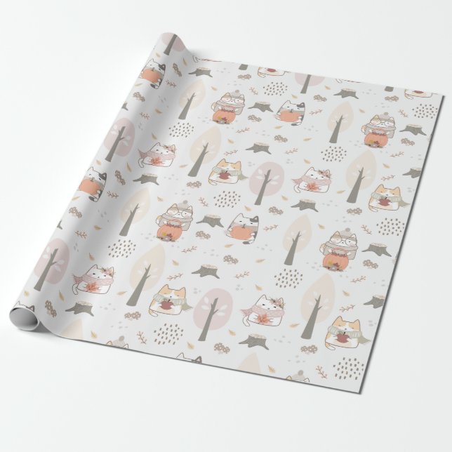 Papel De Regalo Pastel Autumn Cute Cats (Desenrollado)