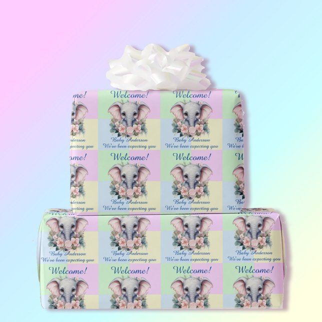 Papel De Regalo Pastel Azul Rosa Baby Shower Añadir nombre elefant (Subido por el creador)
