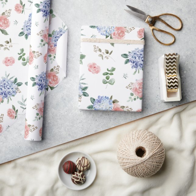 Papel De Regalo Pastel azul turbio Boda de hortensias rosadas (Artesanía)