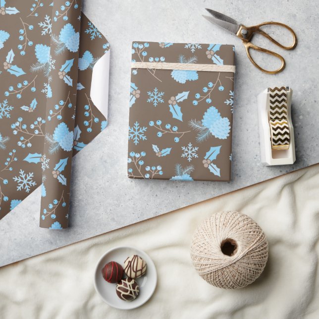 Papel De Regalo Pastel Blue Mistletoe Snowflakes Pinecones Winter (Artesanía)