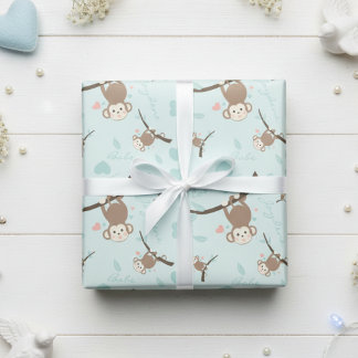 Papel De Regalo Pastel Blue Monkey Valentine Wrapping Paper 