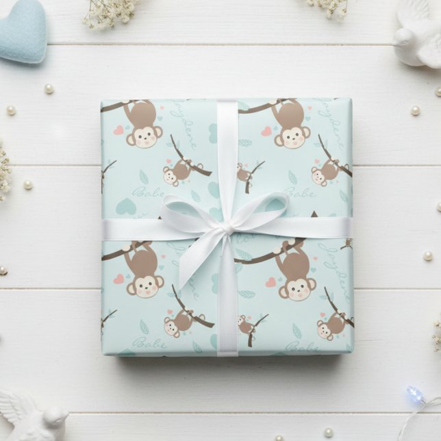 Papel De Regalo Pastel Blue Monkey Valentine Wrapping Paper  (Soft pastel blue cute monkeys for valentine, birthday or any gift.)