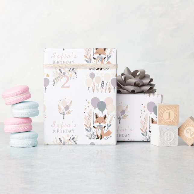 Papel De Regalo Pastel Boho Fox y Balloons Cumpleaños (Baby Shower)