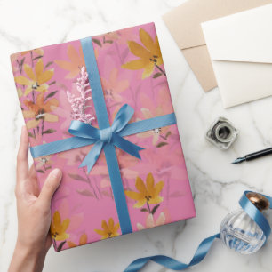 Papel De Regalo Pastel Boho Mustard Flores salvajes rosadas