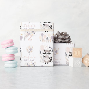 Papel De Regalo Pastel Boho Raccoon y Globos Cumpleaños