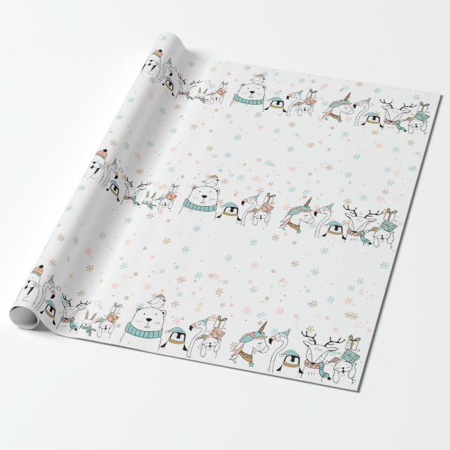 Papel De Regalo Pastel de copos de nieve Navidades dulces animales (Desenrollado)