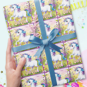 Papel De Regalo Pastel de Cumpleaños Personalizado Unicornio Mágic