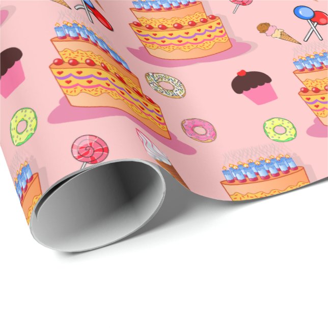 Papel De Regalo Pastel de fondo rosado Lollipop Helados Pasteles d (Esquina del rollo)