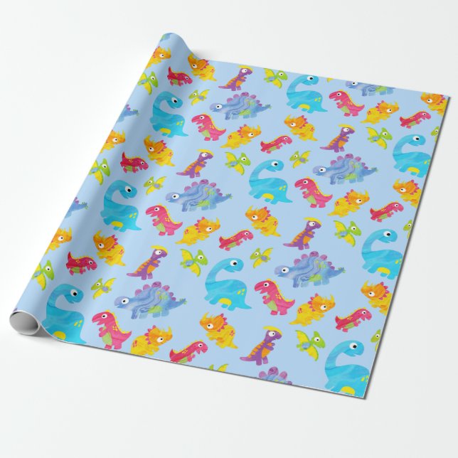 Papel De Regalo Pastel de luz dulce azul bebé dinosaurio cumpleaño (Desenrollado)