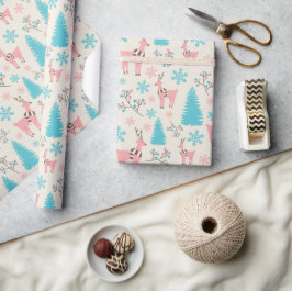 Papel De Regalo Pastel de reno rosa Blue Pine Treps Snowflakes