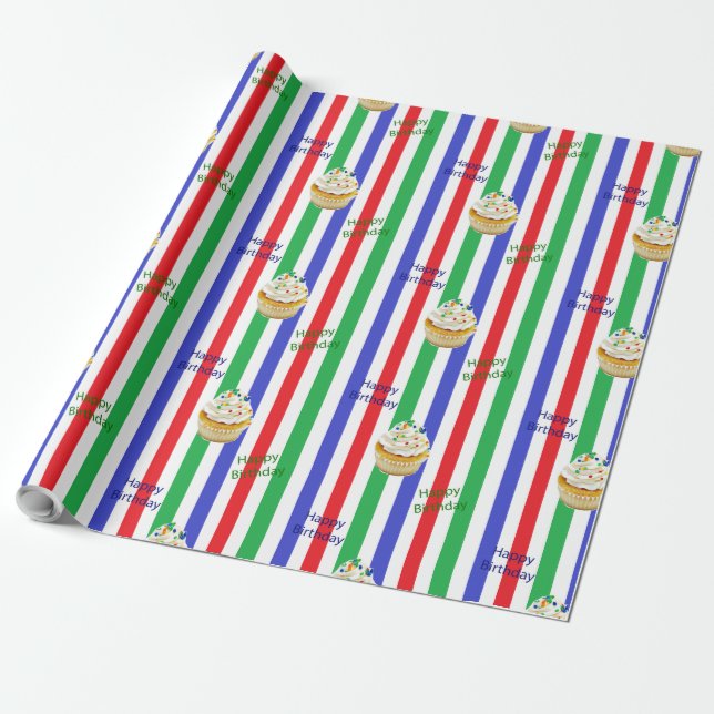 Papel De Regalo Pastel de torta feliz cumpleaños verde azul rojo (Desenrollado)