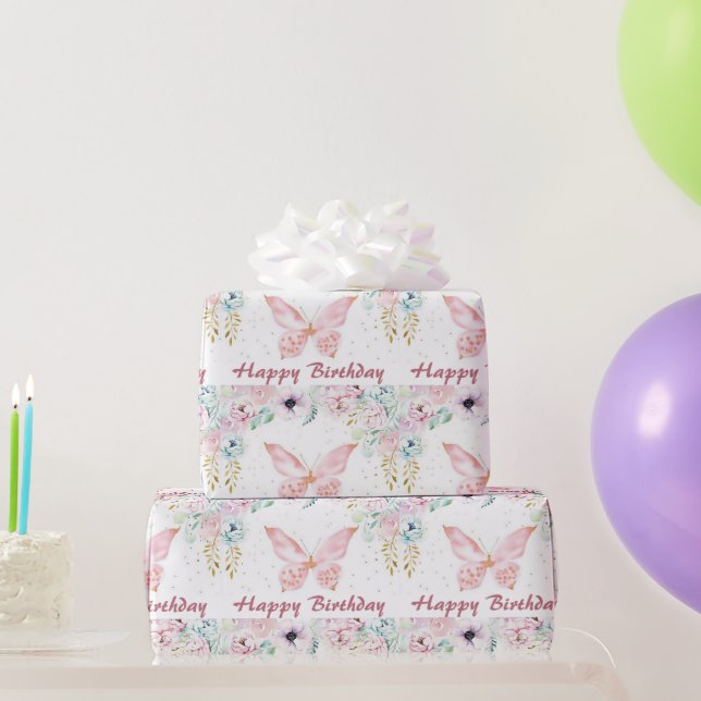 Papel De Regalo Pastel floral y mariposa bebé cumpleaños (Regalos de fiesta)