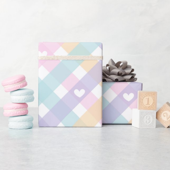 Papel De Regalo Pastel Gingham Corazones   (Baby Shower)