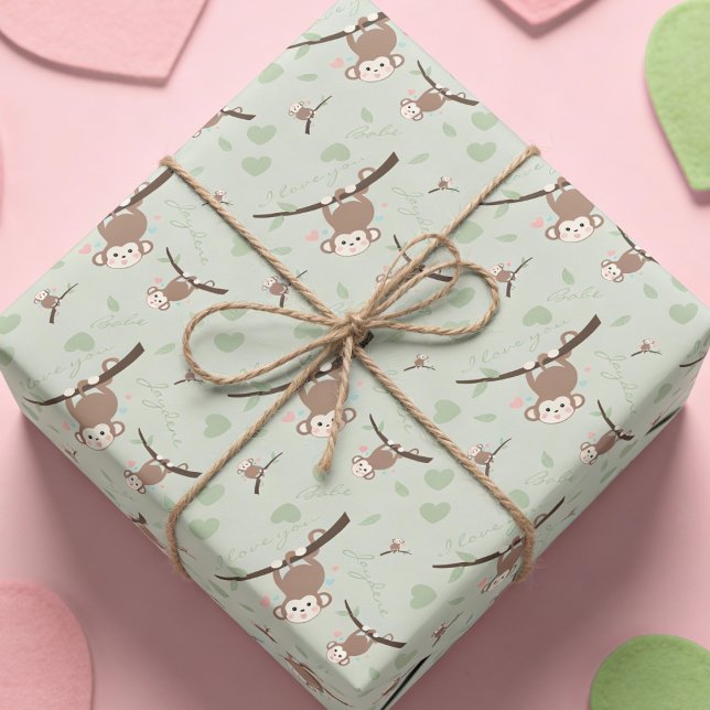 Papel De Regalo Pastel Green Monkey Valentine Wrapping Paper  (Wrap it, love it. This pastel custom monkey Valentine paper is perfect for gifts and crafts.)