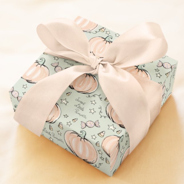 Papel De Regalo Pastel Green Sweet Little Bebé (Cute Pastel Baby Halloween or Autumn Baby Shower Pattern of Orange Pumpkins, Candy, & Little Stars.)
