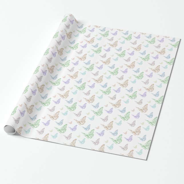 Papel De Regalo Pastel Mint Purple Peach Butterflies Cumpleaños (Desenrollado)