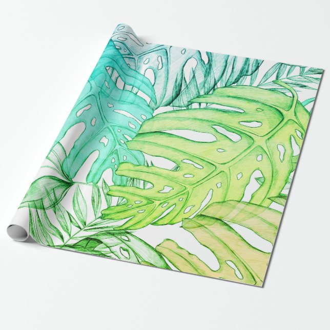 Papel De Regalo Pastel monstera hoja de palma de hoja tropical acu (Desenrollado)