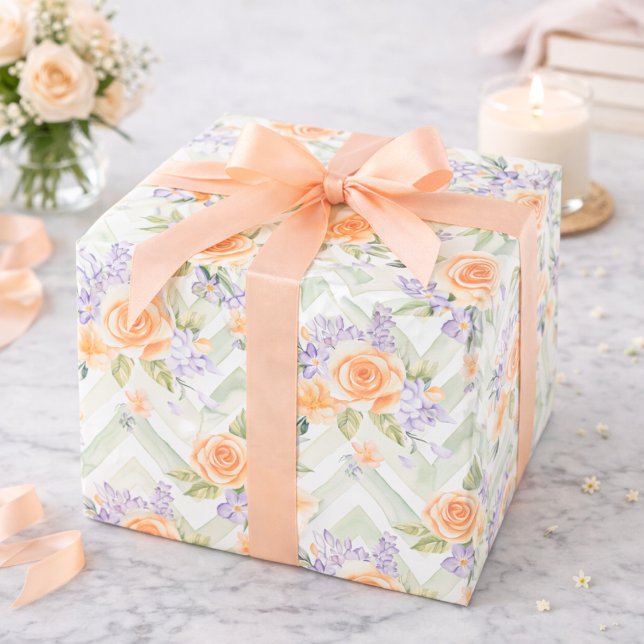 Papel De Regalo Pastel Peach Lavender Floral Sage Chevron Birthday (Subido por el creador)