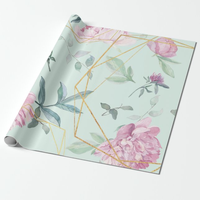 Papel De Regalo Pastel Peonies Boda Floral Geométrica (Desenrollado)