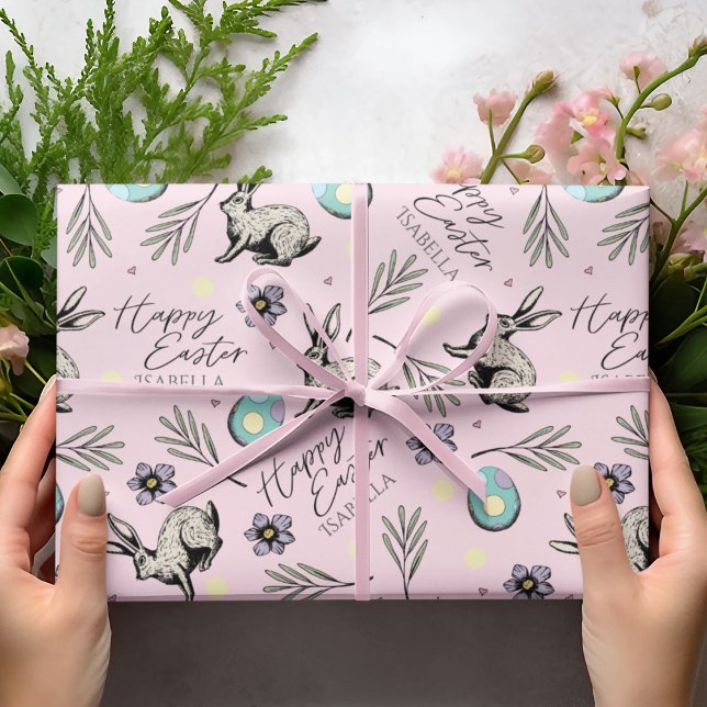 Papel De Regalo Pastel Pink Happy Easter Bunnies (Colorul Pink Happy Easter Wrapping Paper for Kids with Custom Name, Easter Bunnies, Eggs, Flowers...)