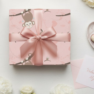 Papel De Regalo Pastel Pink Monkey Valentine Wrapping Paper 