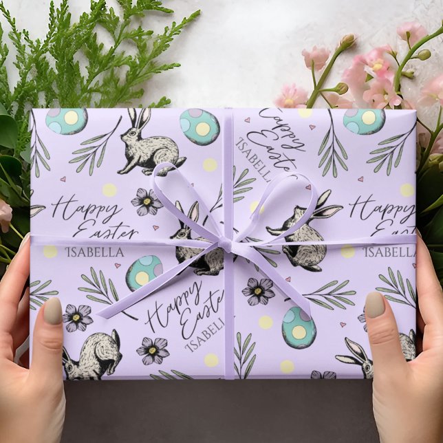 Papel De Regalo Pastel Purple Happy Easter Bunnies (Pastel Purple Happy Easter Wrapping Paper for Kids with Custom Name, Easter Bunnies, Eggs & Flowers.)
