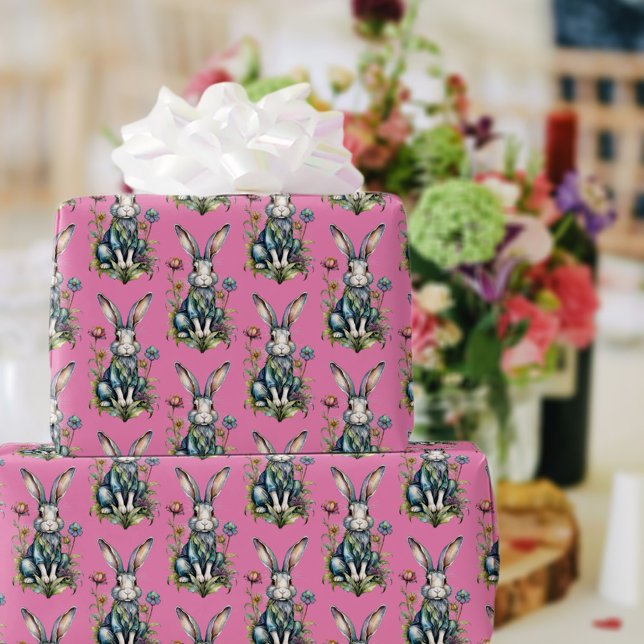 Papel De Regalo Pastel Rosa Cute Acuarela Bunny Floral Pascua (Subido por el creador)