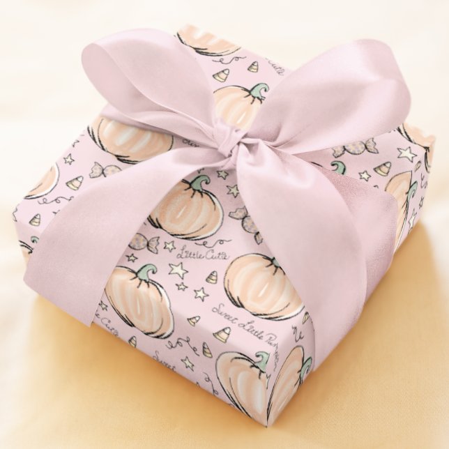 Papel De Regalo Pastel Rosa Dulce Pequeña Calabaza Bebé (Cute Pastel Baby Halloween or Autumn Baby Shower Pattern of Orange Pumpkins, Candy, & Little Stars.)