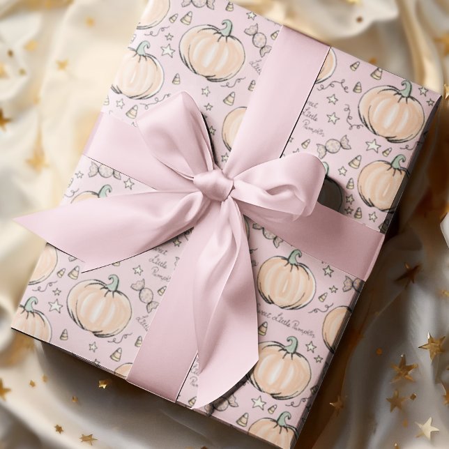 Papel De Regalo Pastel Rosa Dulce Pequeña Calabaza Bebé (Adorable Baby Halloween Illustrations Hand-drawn by Nathalie Portet. Soft Pastel Pink Background. )