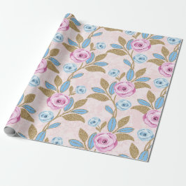 Papel De Regalo Pastel Rosa Floral Gold Purpurina Barroco Antoniet