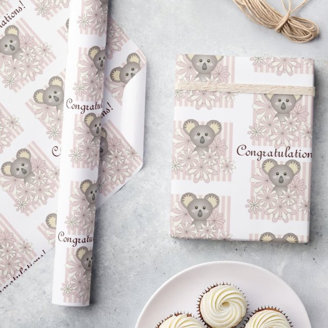 Papel De Regalo Pastel Rosa Koala Baby Shower / Niños Cumpleaños (Subido por el creador)