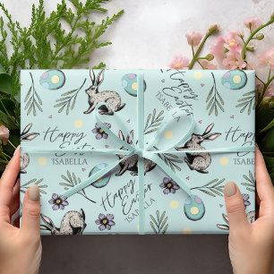 Papel De Regalo Pastel Turquoise Blue Happy Easter Bunnies