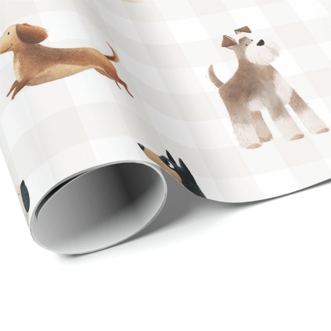 Papel De Regalo Patas Gingham perros adorables  (Esquina del rollo)