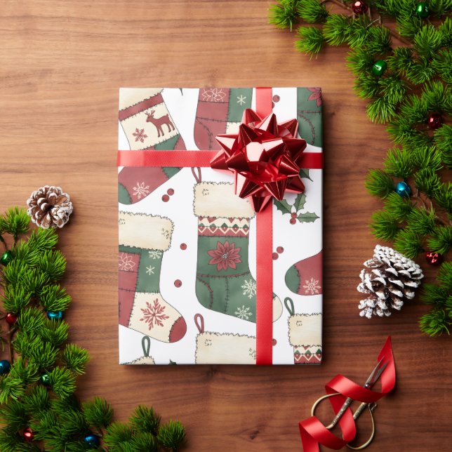 Papel De Regalo Patchwork Christmas Stockings Red Green White (Regalo de vacaciones)