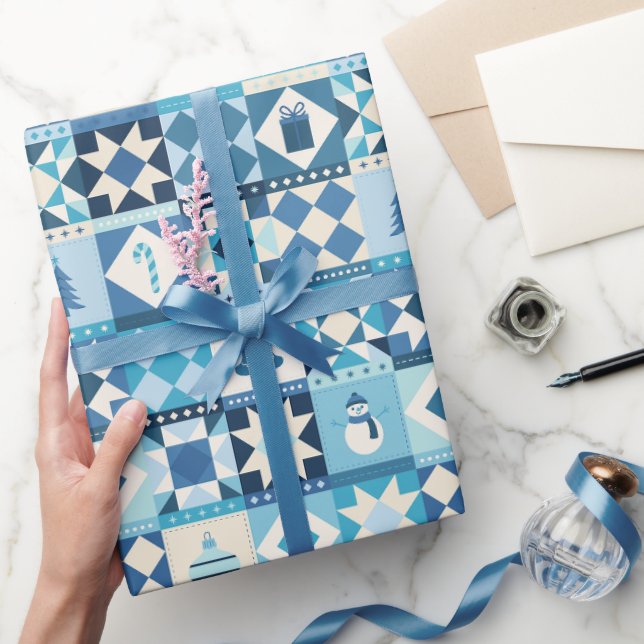 Papel De Regalo Patchwork Navidad Azul Vacaciones  (Regalar)
