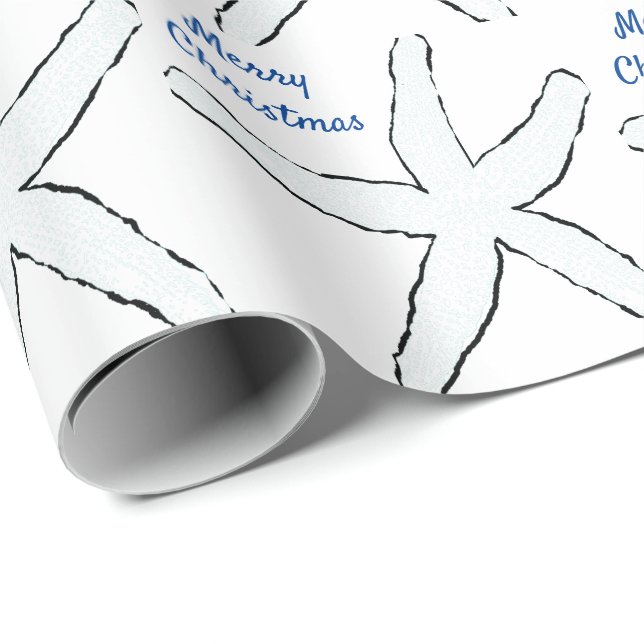 Papel De Regalo Patentes Starfish Blue White Beach Feliz Navidad (Esquina del rollo)