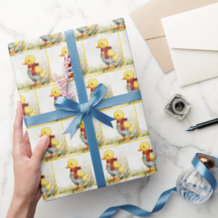 Papel De Regalo Patito de acuarela con overol de mezclilla
