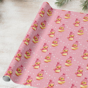 Papel De Regalo Pato lindo en rosado y copo de nieve