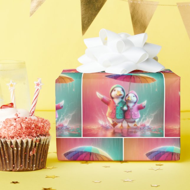 Papel De Regalo Patos Blancos Caminando En Lluvia (Fiesta de cumpleaños )