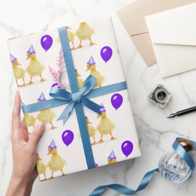 Papel De Regalo Patos de cumpleaños con globo morado (Regalar)