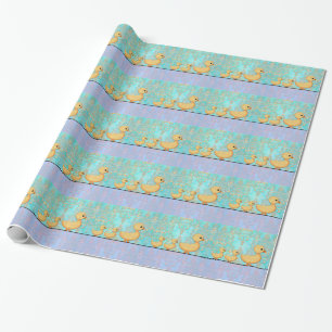 Papel De Regalo Patos Pequeños y Lindos sobre Damasco Verde Azulad