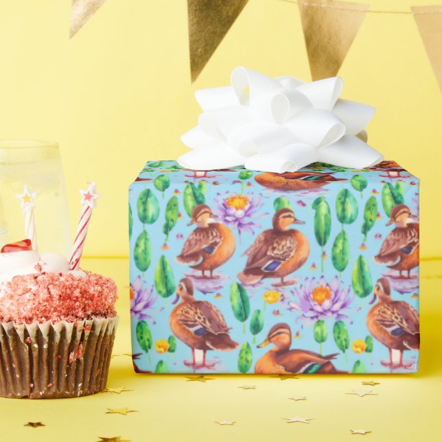 Papel De Regalo Patos Verde azulados De Alas Azules En Un Patrón D (Fiesta de cumpleaños )