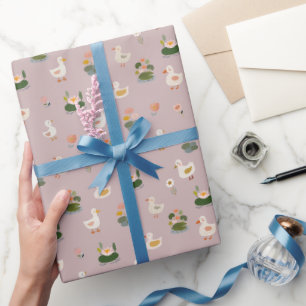 Papel De Regalo Patos y hojas de nenúfar en gris claro-rosado