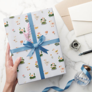 Papel De Regalo Patos y hojas de nenúfar sobre blanco mate
